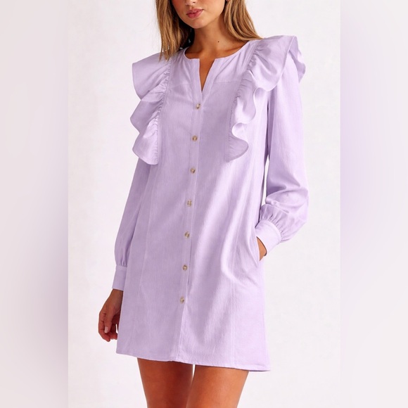 entro Dresses & Skirts - Entro Lavender Button-Up Dress with Ruffle Trim